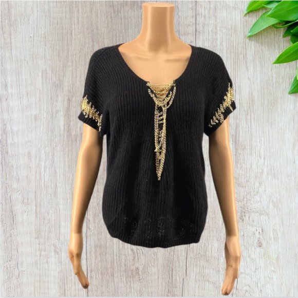 JENNIFER LOPEZ -- Sweater, Short Sleeved, Black, Chain Detail at Neck & Sleeves - Picture 1 of 15